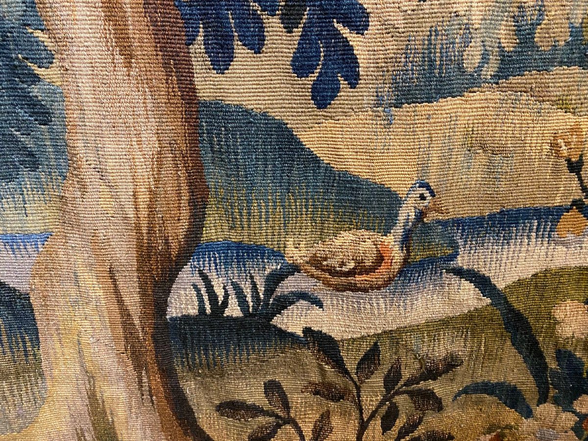 Grande tapisserie d&rsquo;Aubusson au d&eacute;cor de volatiles dans un sous bois-photo-5