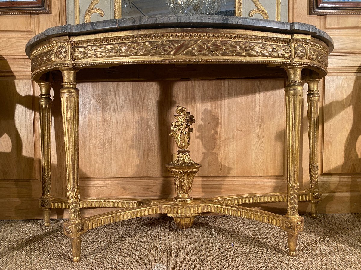 Grande console de forme demi lune en bois doré d’époque Louis XVI-photo-2