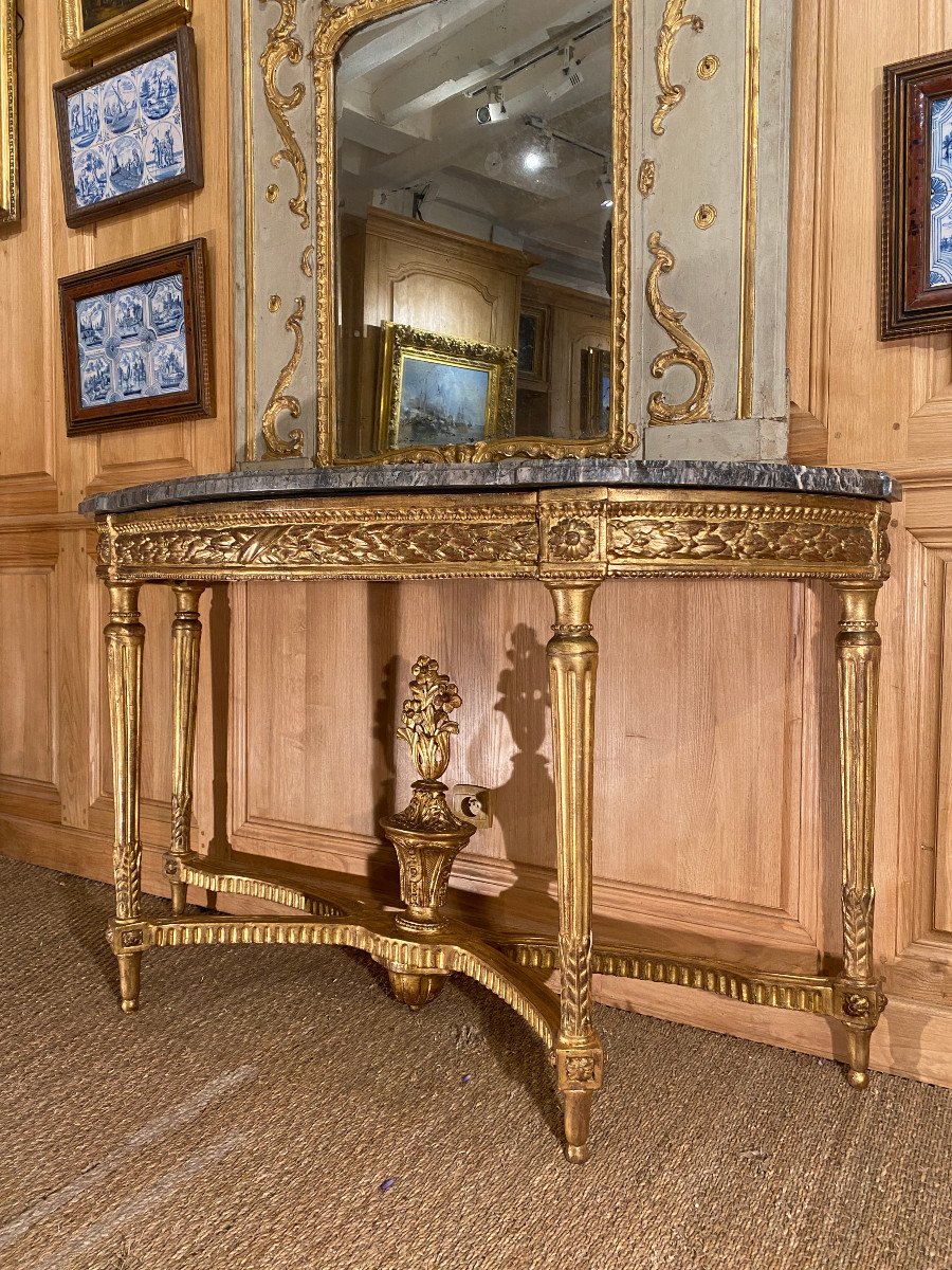Grande console de forme demi lune en bois doré d’époque Louis XVI-photo-4