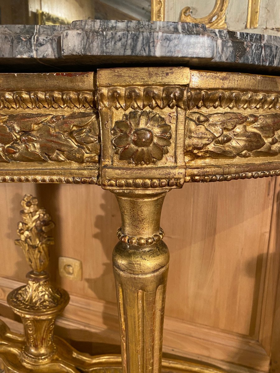 Grande console de forme demi lune en bois doré d’époque Louis XVI-photo-3