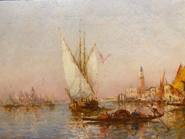 Painting Representing Venice With Sailboats And Gondolas On The Lagoon View Towards The Saint Square-photo-2
