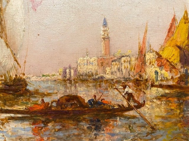 Painting Representing Venice With Sailboats And Gondolas On The Lagoon View Towards The Saint Square-photo-3