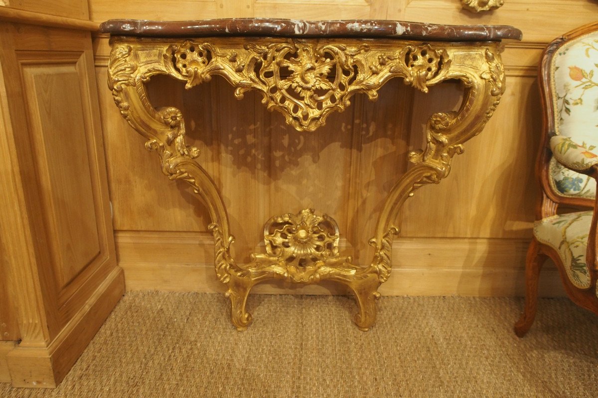 Exceptional Pair Of Gilded Wood Consoles, Richly Carved, With Openwork Crosspieces-photo-2