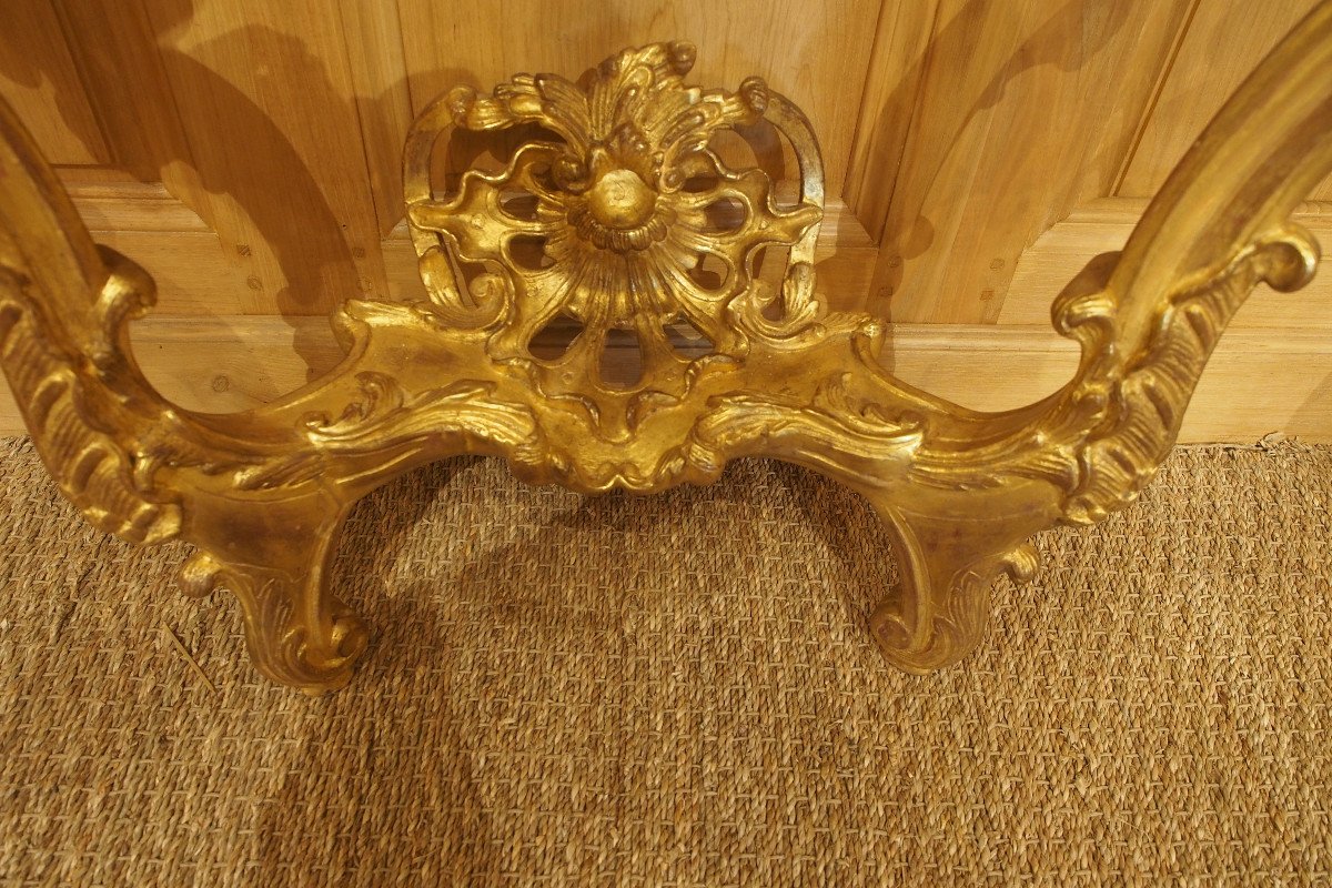Exceptional Pair Of Gilded Wood Consoles, Richly Carved, With Openwork Crosspieces-photo-4