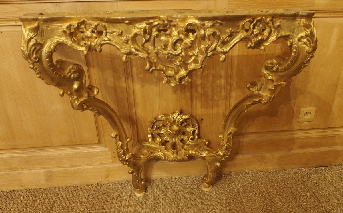 Exceptional Pair Of Gilded Wood Consoles, Richly Carved, With Openwork Crosspieces-photo-3
