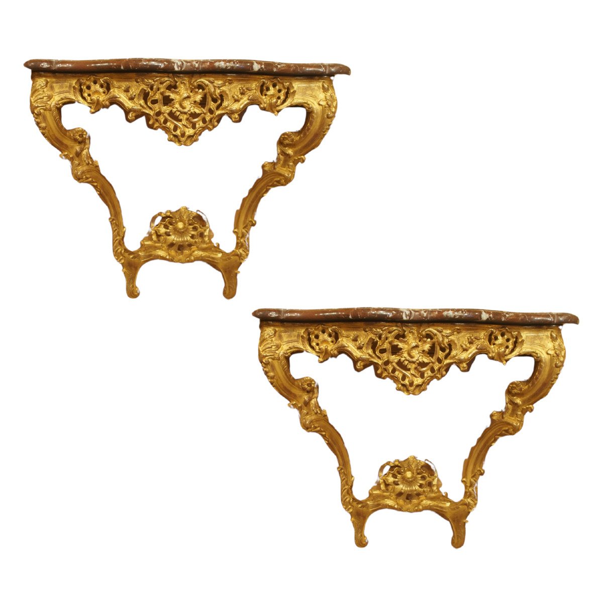 Exceptional Pair Of Gilded Wood Consoles, Richly Carved, With Openwork Crosspieces