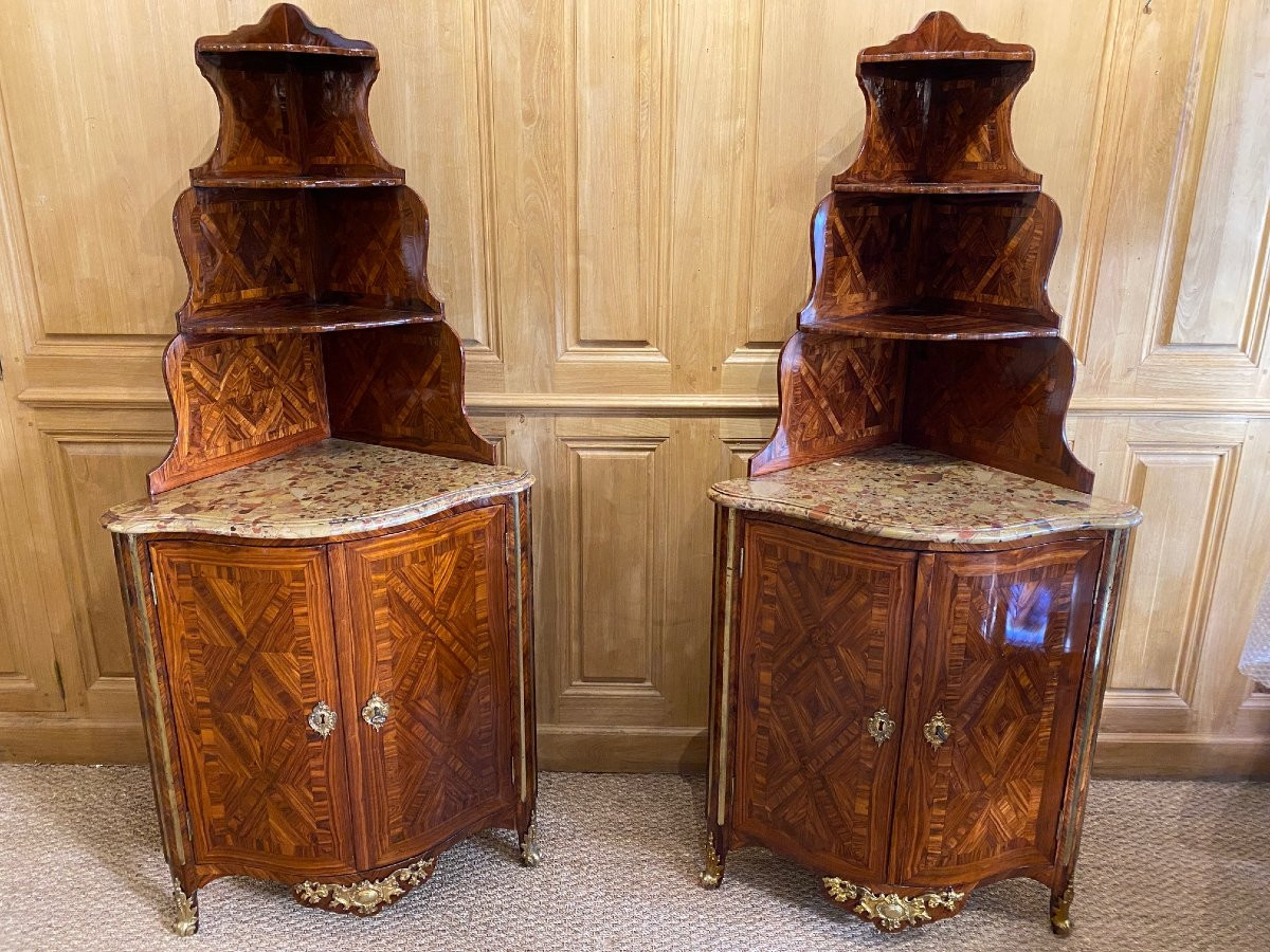 Rare Pair Of Stepped Corner Cabinets In Violet Wood From The Louis XV Period -photo-1