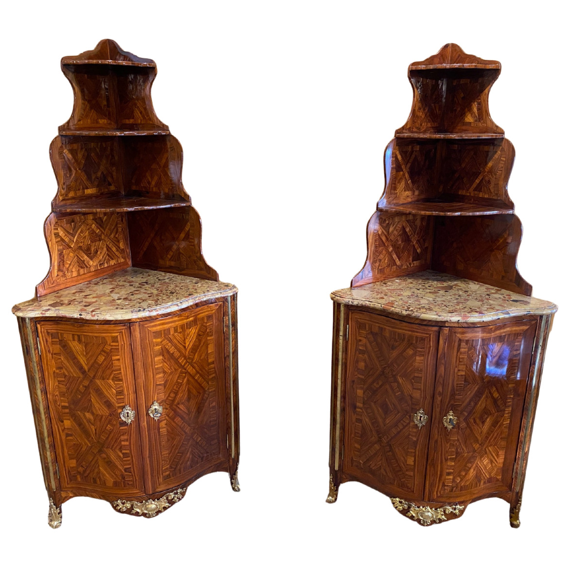 Rare Pair Of Stepped Corner Cabinets In Violet Wood From The Louis XV Period 
