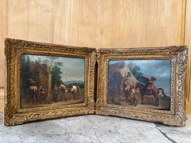 Pair Of Paintings On Wood Panels Depicting Two 18th Century Country Scenes.-photo-2