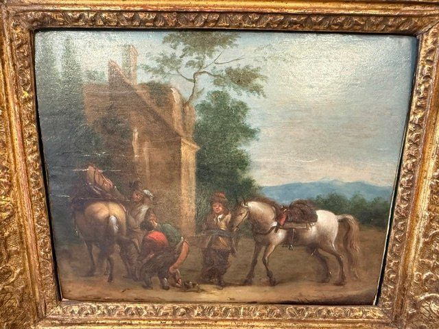 Pair Of Paintings On Wood Panels Depicting Two 18th Century Country Scenes.-photo-4