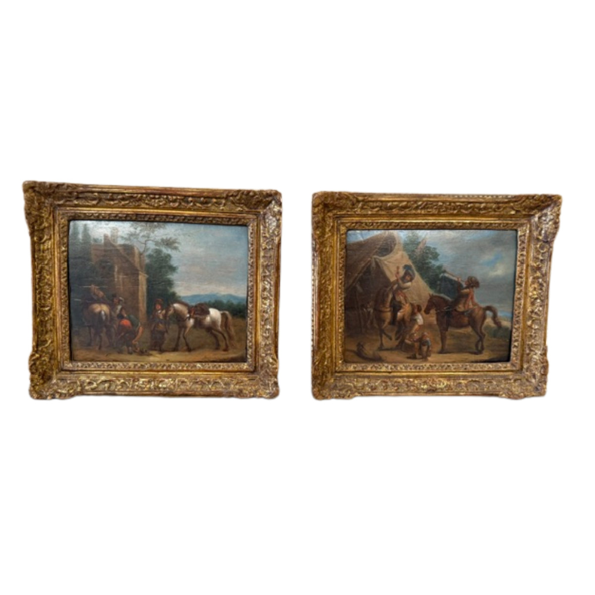 Pair Of Paintings On Wood Panels Depicting Two 18th Century Country Scenes.