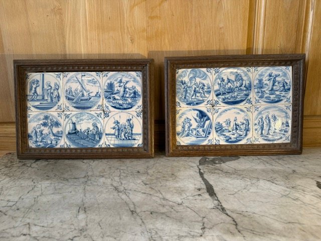 A Pair Of Natural Wood Frames Presenting A Set Of Twelve 18th Century Delft Tiles.-photo-2