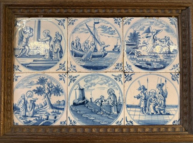 A Pair Of Natural Wood Frames Presenting A Set Of Twelve 18th Century Delft Tiles.-photo-3