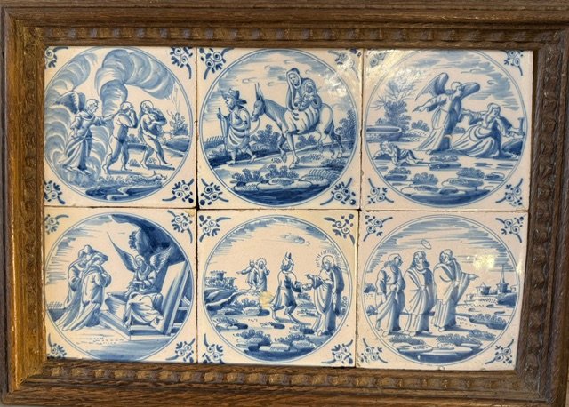 A Pair Of Natural Wood Frames Presenting A Set Of Twelve 18th Century Delft Tiles.-photo-4