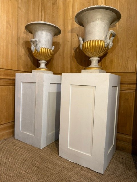 Paire de vases Médicis patinés et dorés d’époque XIX-photo-4