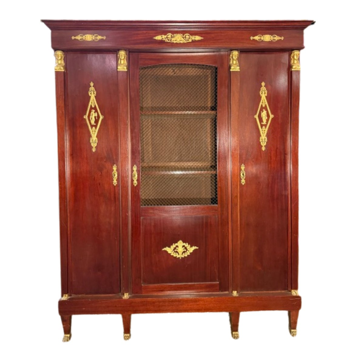 Empire-style Mahogany Bookcase Decorated With Caryatids And Bronze Ornaments