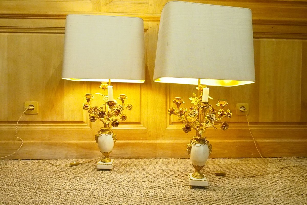 paire de cassolette en marbre et bronze doré fin de l’époque Louis XVI montée en lampes-photo-2