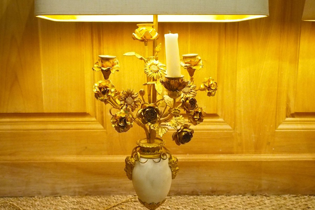 paire de cassolette en marbre et bronze doré fin de l’époque Louis XVI montée en lampes-photo-2