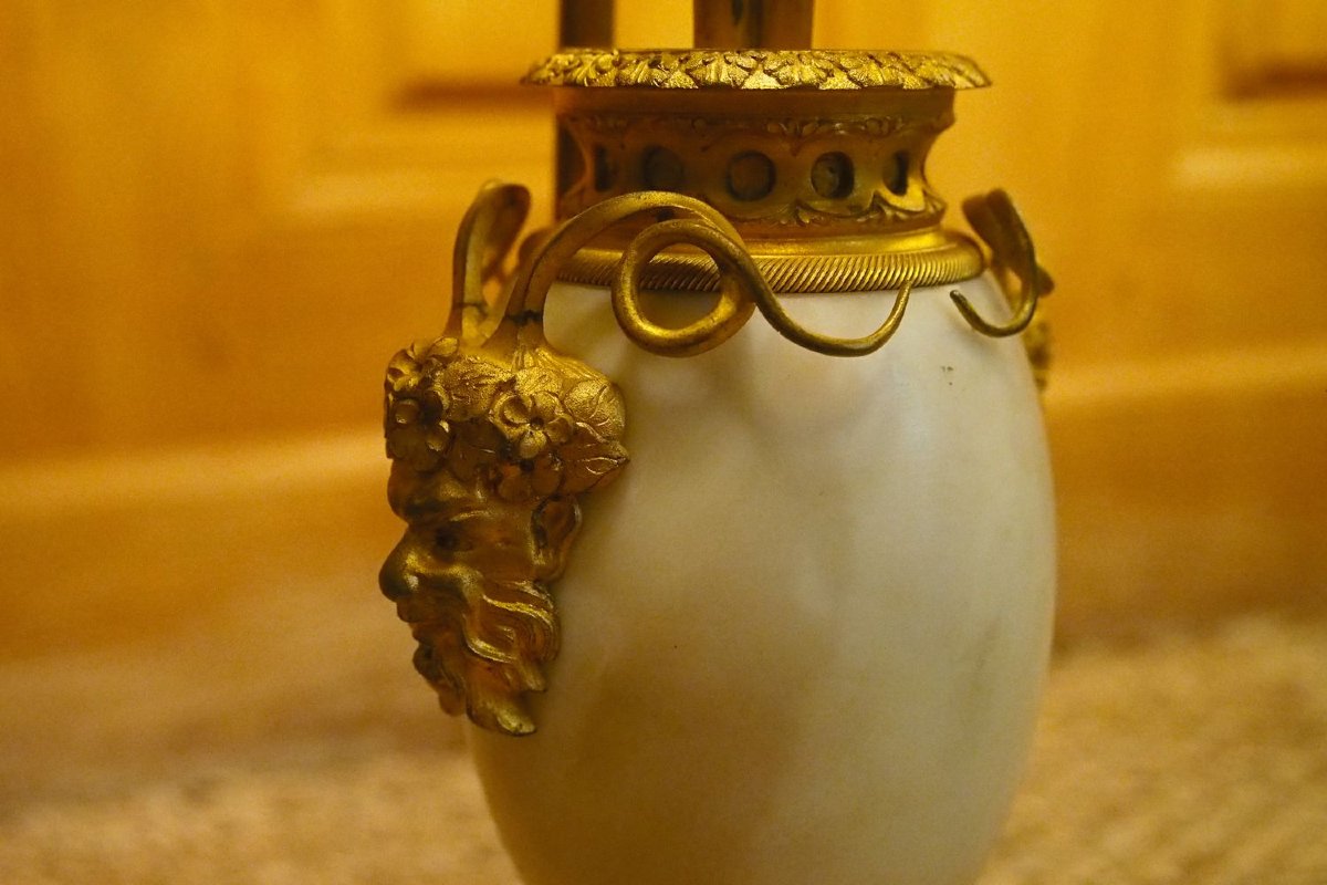 paire de cassolette en marbre et bronze doré fin de l’époque Louis XVI montée en lampes-photo-3