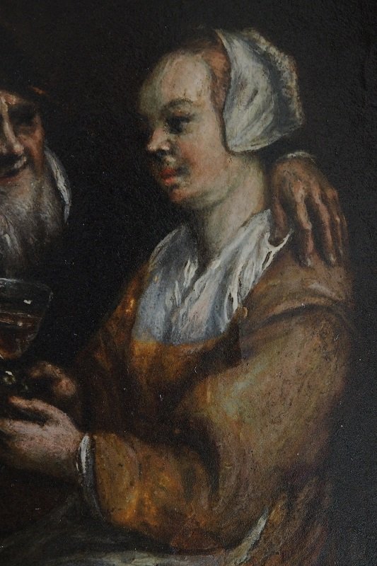 Huile sur bois, scène de taverne datant du 18ème siècle-photo-2