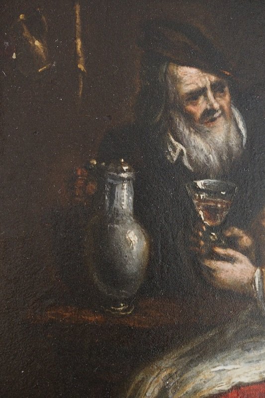 Huile sur bois, scène de taverne datant du 18ème siècle-photo-3