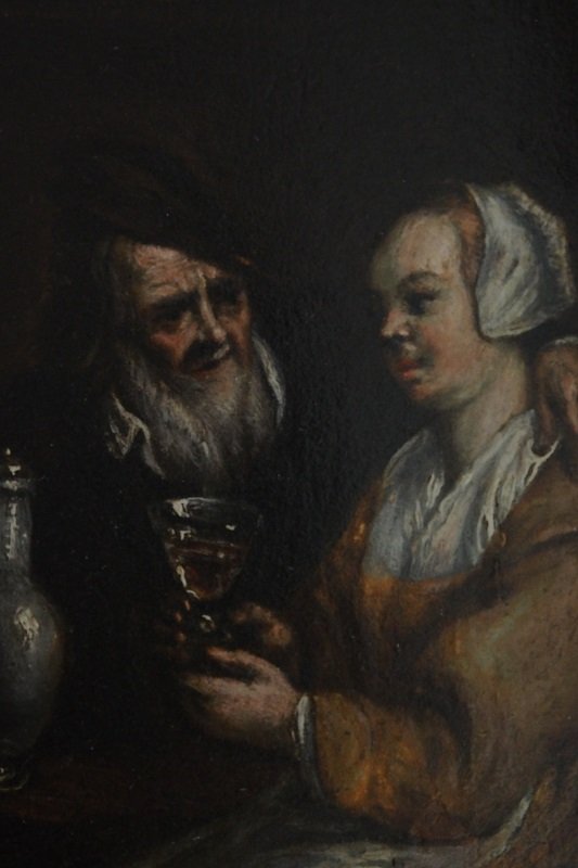Huile sur bois, scène de taverne datant du 18ème siècle-photo-4
