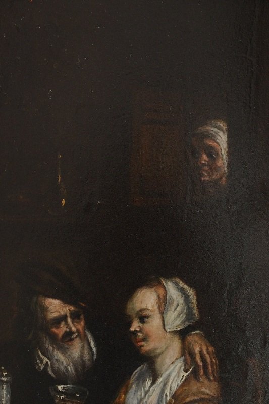Huile sur bois, scène de taverne datant du 18ème siècle-photo-1