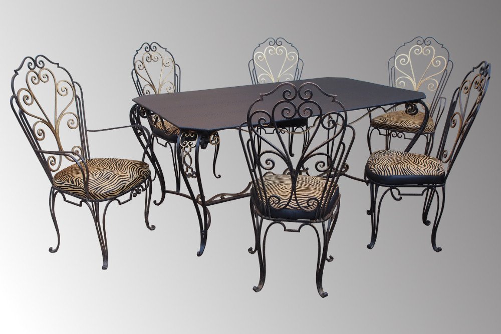 1950-1960 Period Wrought Iron Table And Its Suite Of 4 Chairs And 2 Armchairs
