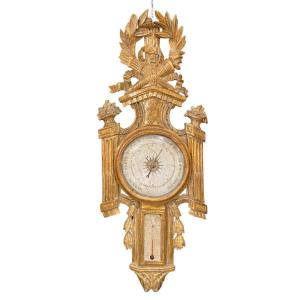 Baromètre-thermomètre d’époque Louis XVI , en bois sculpté et doré