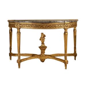 Grande console de forme demi lune en bois doré d’époque Louis XVI