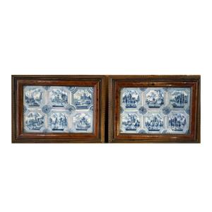 Paire de cadres contenant douze carreaux de Delft d’époque XVIIIe