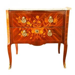 Transitional Commode Of The Louis XV Louis XVI Eras With Flower Decoration On The Front And On The Sides