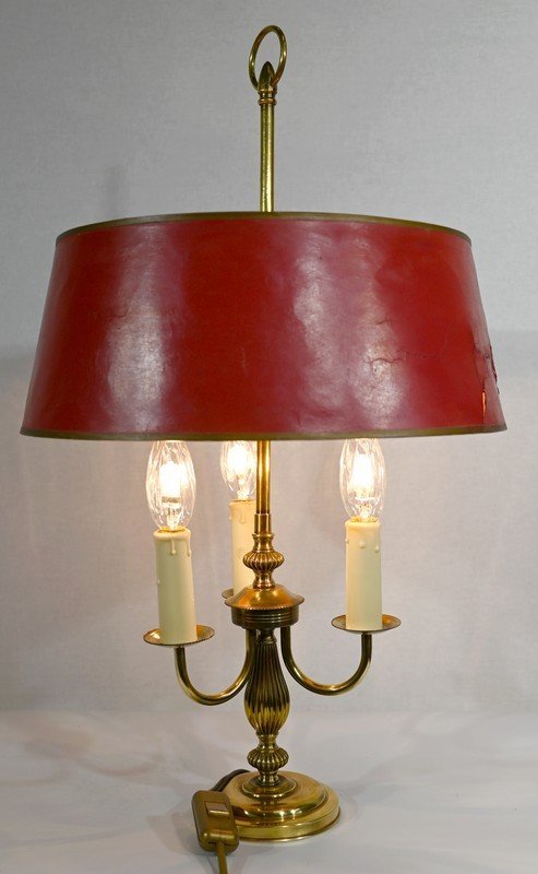 Bouillotte Lamp In Brass With Red Shade, Louis XVI Style - Twentieth-photo-2