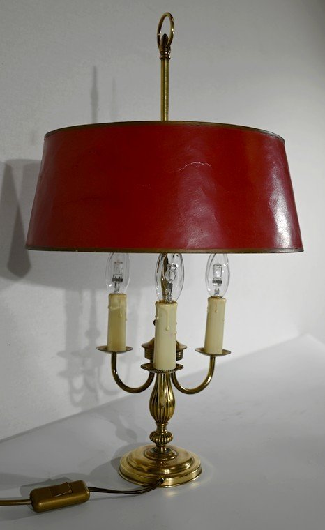 Bouillotte Lamp In Brass With Red Shade, Louis XVI Style - Twentieth-photo-3