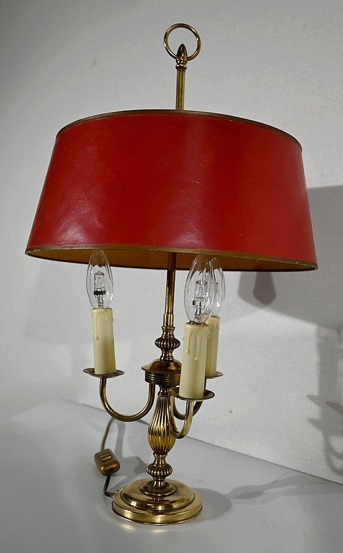 Bouillotte Lamp In Brass With Red Shade, Louis XVI Style - Twentieth-photo-4