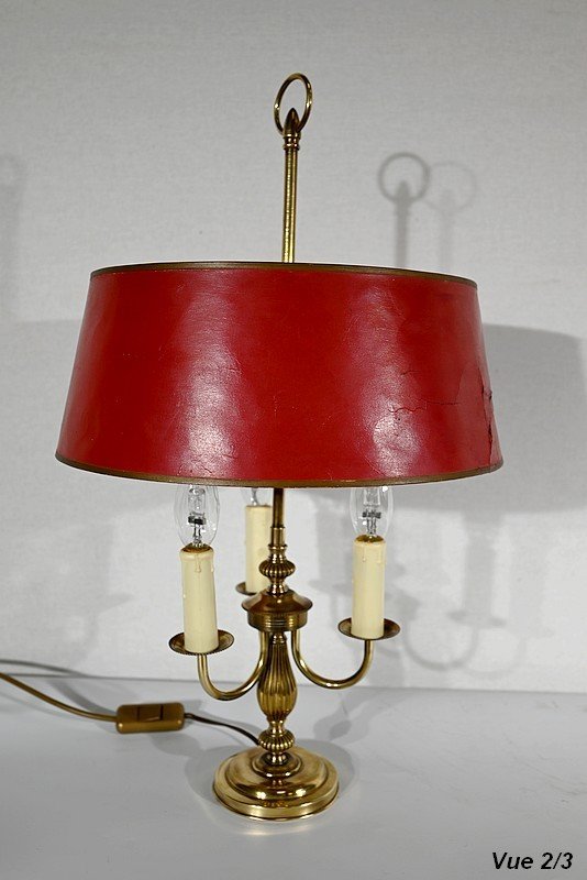Bouillotte Lamp In Brass With Red Shade, Louis XVI Style - Twentieth-photo-6