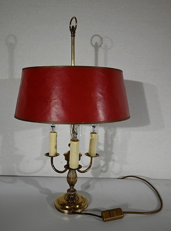 Bouillotte Lamp In Brass With Red Shade, Louis XVI Style - Twentieth