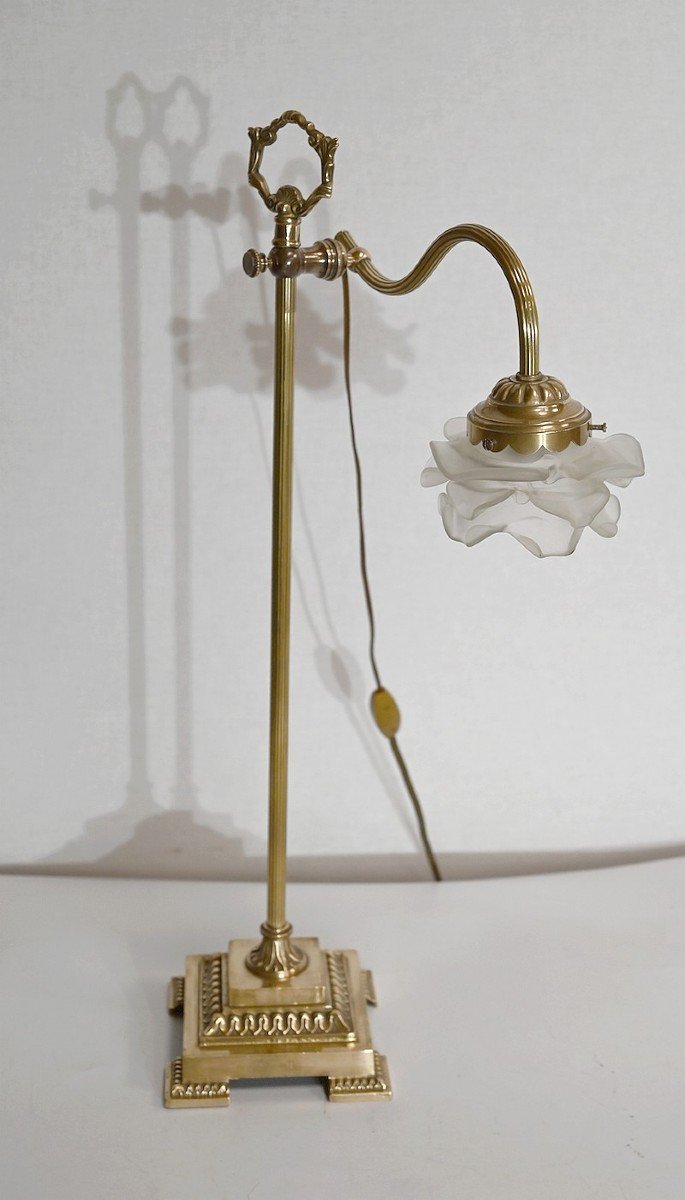 Small Tulip Lamp In Glass And Bronze, Adjustable, Art Deco - 1920-photo-2