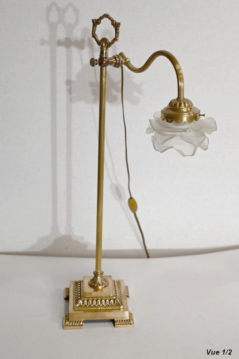Small Tulip Lamp In Glass And Bronze, Adjustable, Art Deco - 1920-photo-4