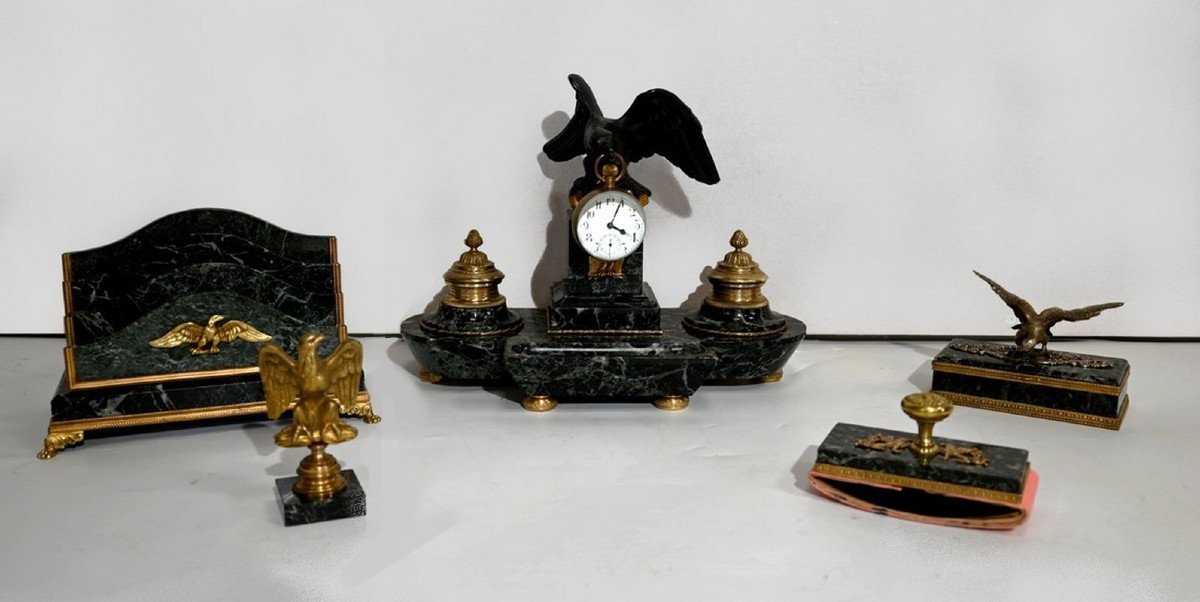 Rare Marble And Bronze Desk Set, Empire Style - 2nd Half Of The Nineteenth