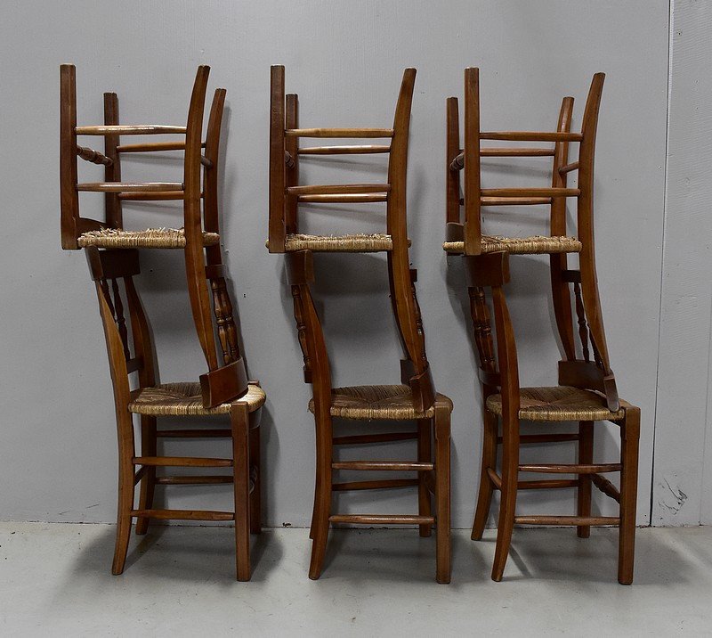 Suite De 6 Chaises Paillées En Merisier Blond - 2ème Moitié Du XIXe-photo-5