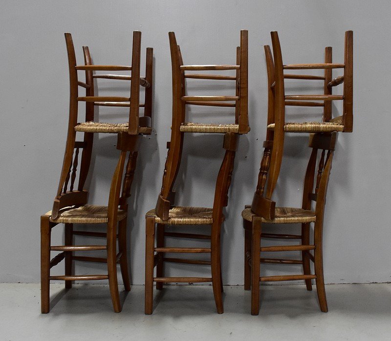 Suite De 6 Chaises Paillées En Merisier Blond - 2ème Moitié Du XIXe-photo-6