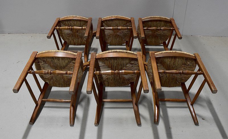 Suite De 6 Chaises Paillées En Merisier Blond - 2ème Moitié Du XIXe-photo-8