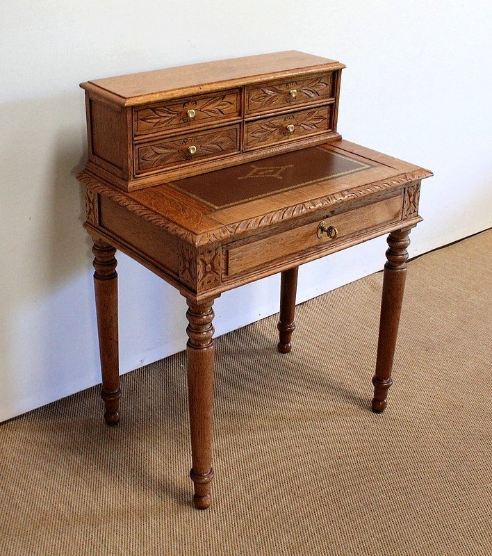 Rare Small Children's Desk With Step In Solid Oak - Late Nineteenth-photo-2