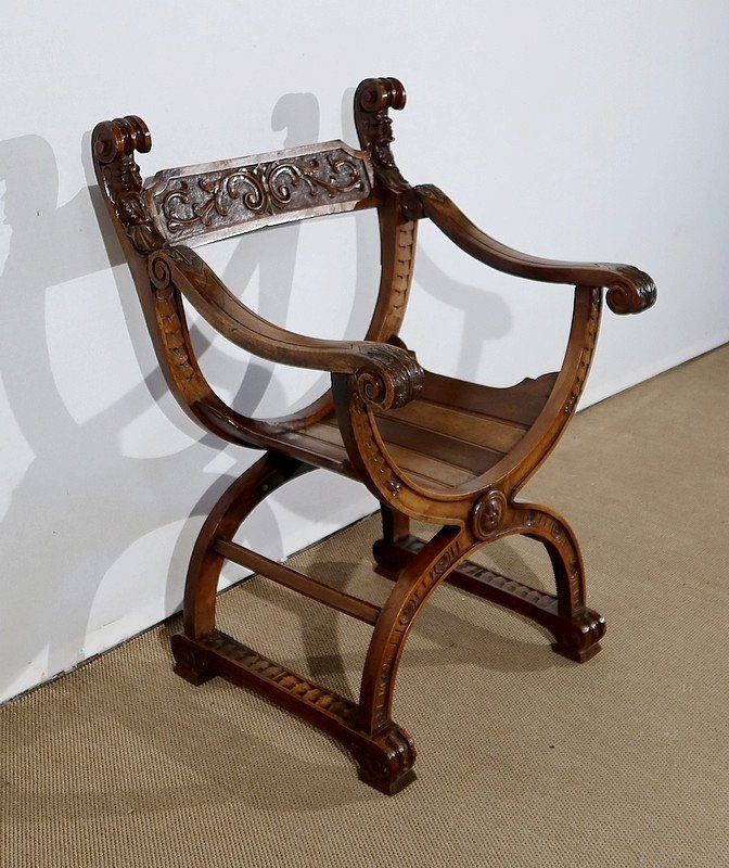 Fauteuil « Dagobert » Curule En Noyer Massif – 1900-photo-2