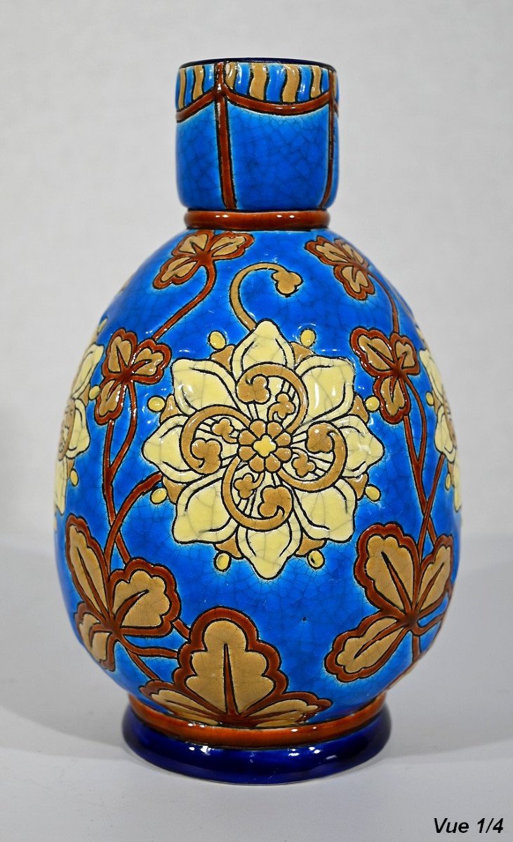 Small Vase Decorated With Flowers In Longwy Enamels - Early Twentieth-photo-4