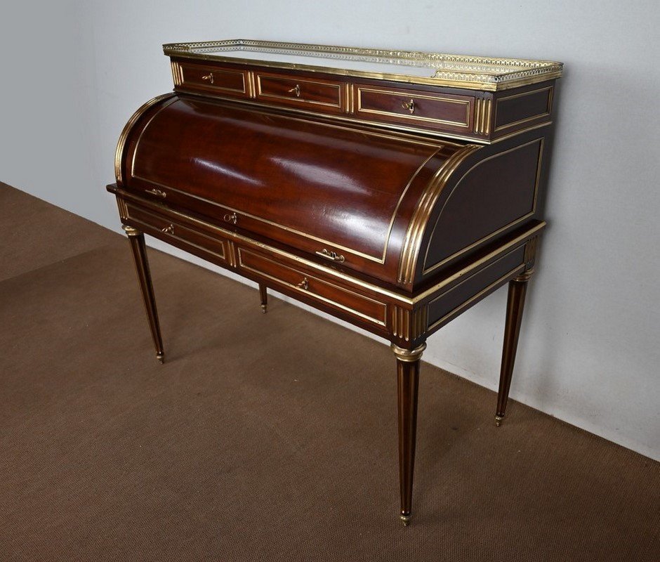 Important Cylinder Desk In Mahogany, Louis XVI Style, Napoleon III Period - 2nd Half Nineteenth-photo-2