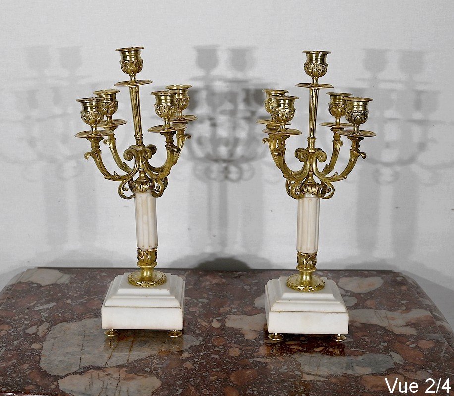Pair Of Candlesticks In Gilt Bronze, Louis XVI Style - 2nd Half Nineteenth-photo-5