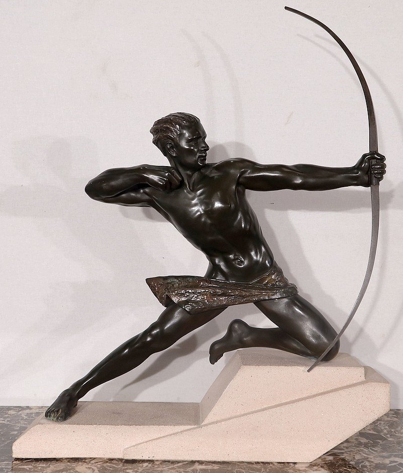 Importante Sculpture En Régule « l’archer », De M. Le Verrier, Art Déco – 1930-photo-4