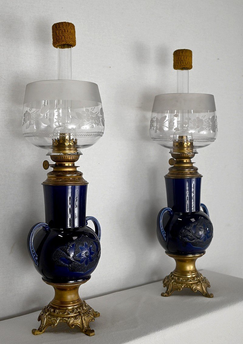 Paire De Lampe à Pétrole En Faïence – Début XXe-photo-2